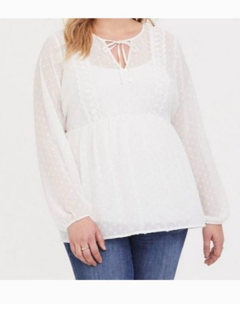 TORRID White Long-Sleeve Swiss Dot Peasant Blouse